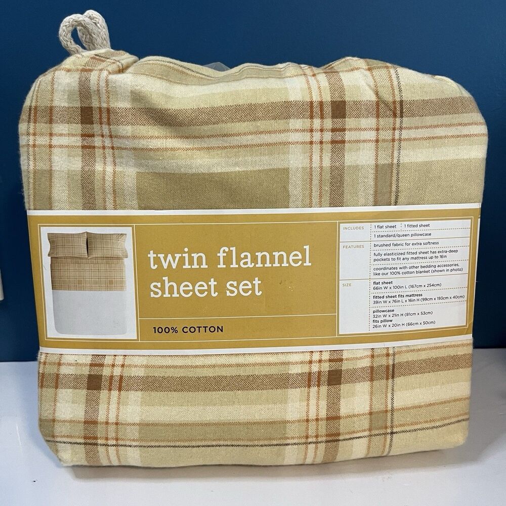 Martha Stewart Cabin Plaid Flannel Sheet Set TWIN Neutral Autumn Yellow NEW
